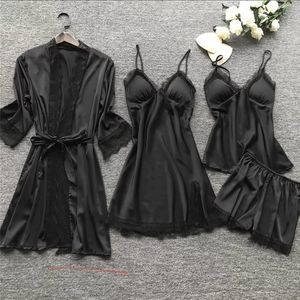 4PC  set Silk Robe Sleep Suit Womens Lace Satin Pa